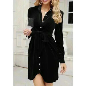 Leadingstar Velvet Button Down Long Sleeve Tie Dress NWT Size M
